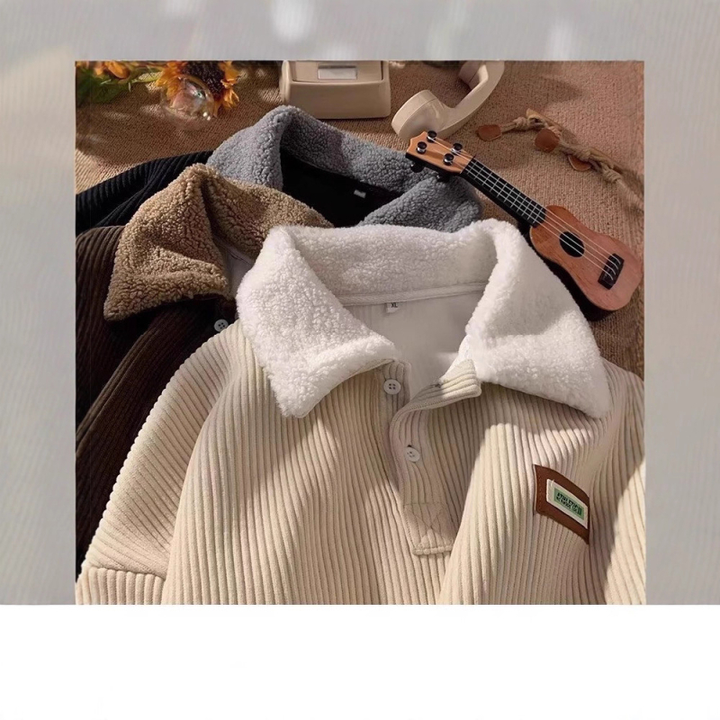 Corduroy pólónyakú pulóver férfiaknak, őszi-téli fleece béléssel