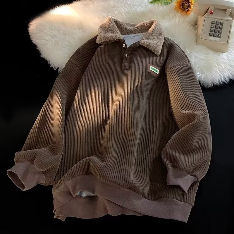 Corduroy pólónyakú pulóver férfiaknak, őszi-téli fleece béléssel
