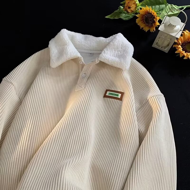 Corduroy pólónyakú pulóver férfiaknak, őszi-téli fleece béléssel