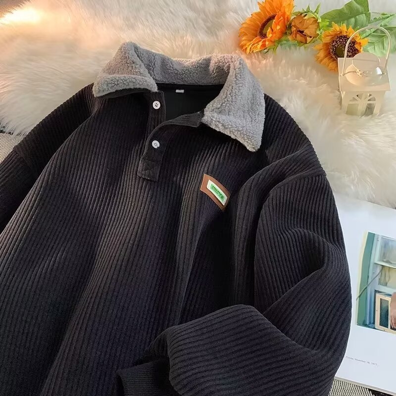 Corduroy pólónyakú pulóver férfiaknak, őszi-téli fleece béléssel