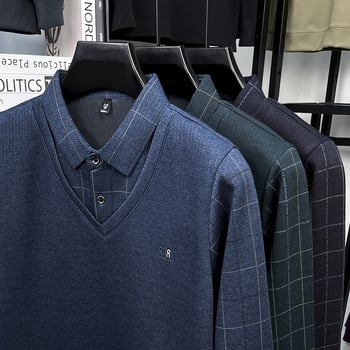Zimski pleteni džemper s ovratnikom koji pada dolje, flis podstava, muški poslovni casual stil