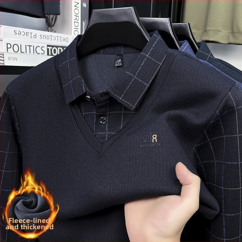 Zimski pleteni džemper s ovratnikom koji pada dolje, flis podstava, muški poslovni casual stil