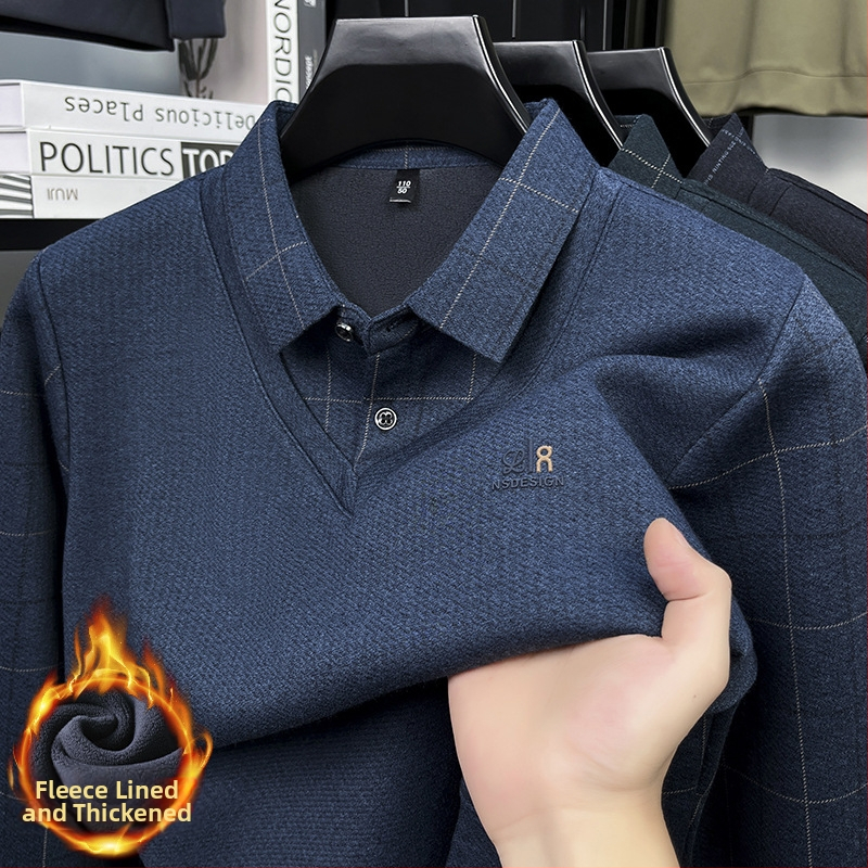 Zimski pleteni džemper s ovratnikom koji pada dolje, flis podstava, muški poslovni casual stil