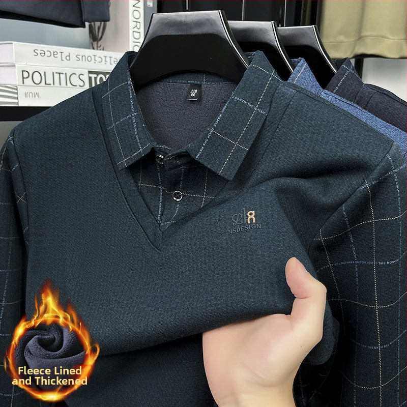 Zimski pleteni džemper s ovratnikom koji pada dolje, flis podstava, muški poslovni casual stil