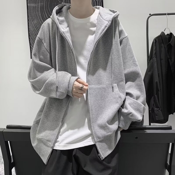 Férfi egyszínű cipzáros kapucnis kardigán, laza szabás, tavasz–ősz időszak, street style