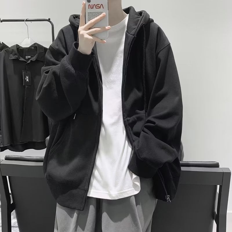 Férfi egyszínű cipzáros kapucnis kardigán, laza szabás, tavasz–ősz időszak, street style