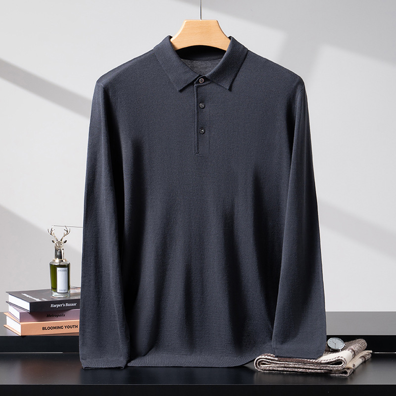 Ανδρικός πλεκτός πουλόβερ από 100% Merino μαλλί, πλένεται στο πλυντήριο, polo γιακά, μακριά μανίκια, χαλαρή γραμμή, άνοιξη 2026