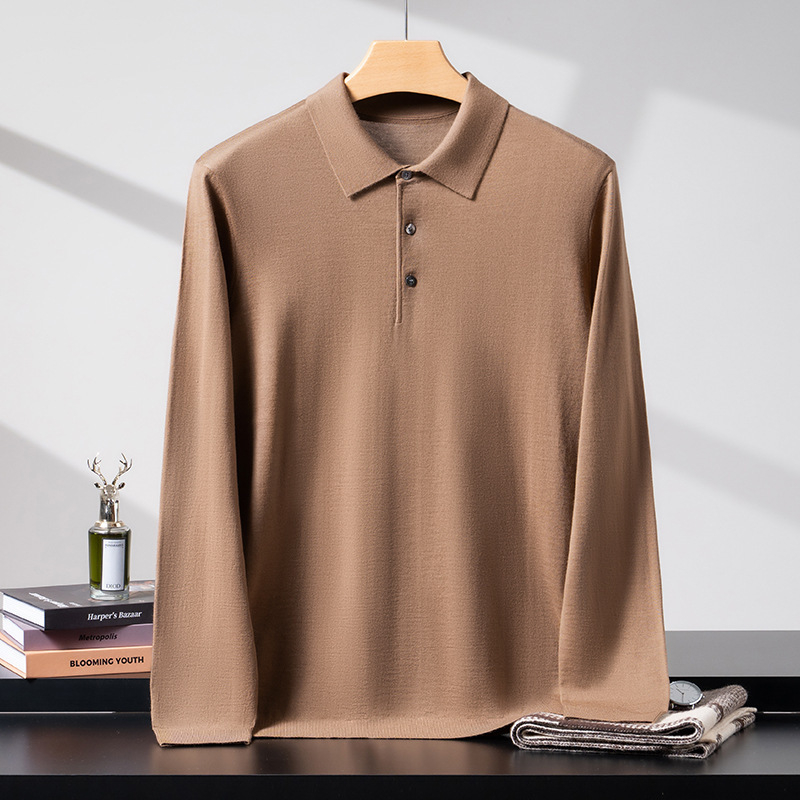 Ανδρικός πλεκτός πουλόβερ από 100% Merino μαλλί, πλένεται στο πλυντήριο, polo γιακά, μακριά μανίκια, χαλαρή γραμμή, άνοιξη 2026