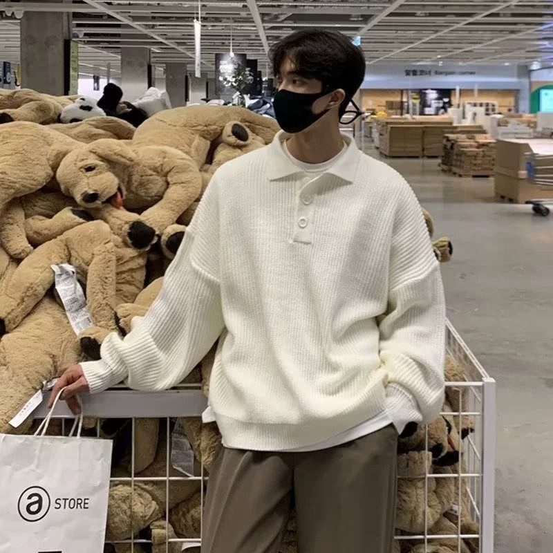 Férfi oversized polo galléros pulóver, egyszínű, hongkongi stílus, koreai ihletésű divat