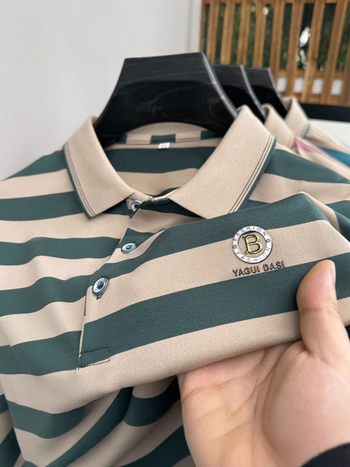 Muška lagana ljetna polo majica s kratkim rukavima, prugasta, s rebrastim ovratnikom, širokog kroja