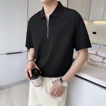 Férfi nyári slim-fit polo póló fél cipzárral, rövid ujjú, koreai stílus, egyszínű