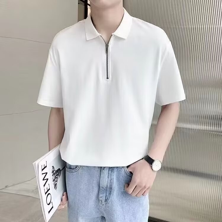 Férfi nyári slim-fit polo póló fél cipzárral, rövid ujjú, koreai stílus, egyszínű