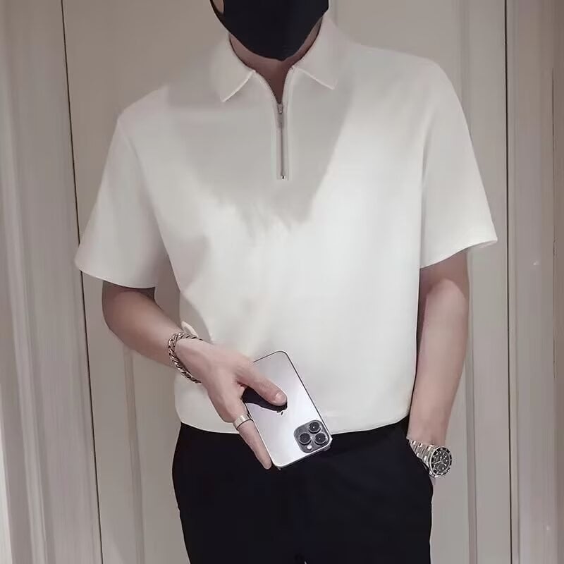 Férfi nyári slim-fit polo póló fél cipzárral, rövid ujjú, koreai stílus, egyszínű