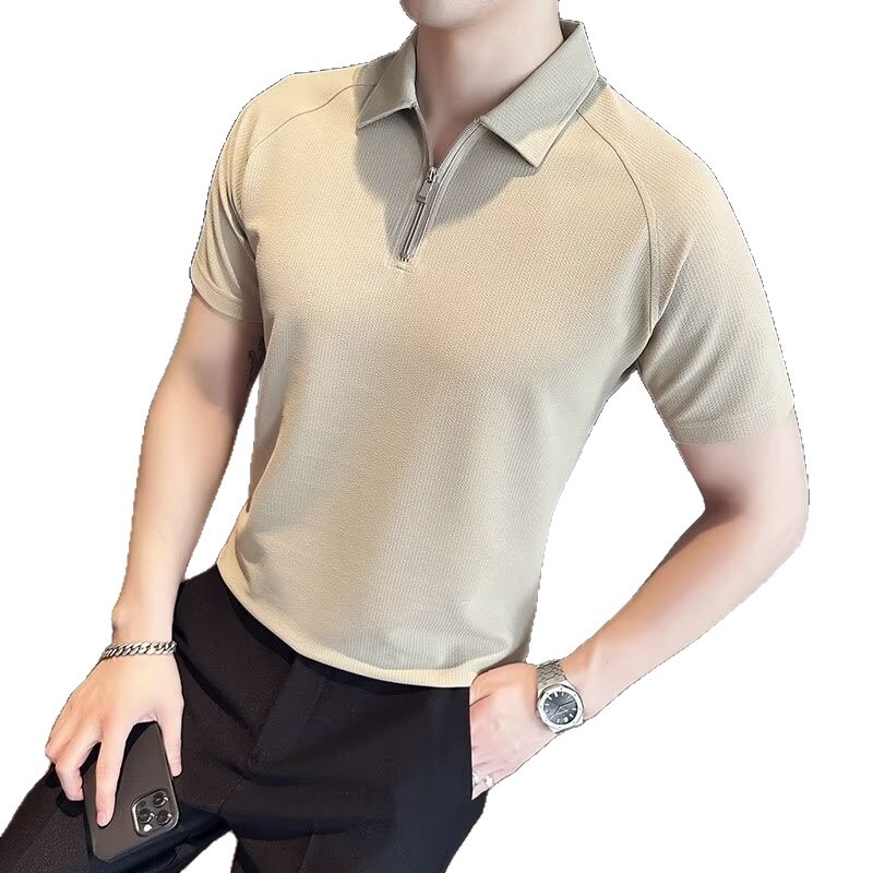 Férfi nyári slim-fit polo póló fél cipzárral, rövid ujjú, koreai stílus, egyszínű