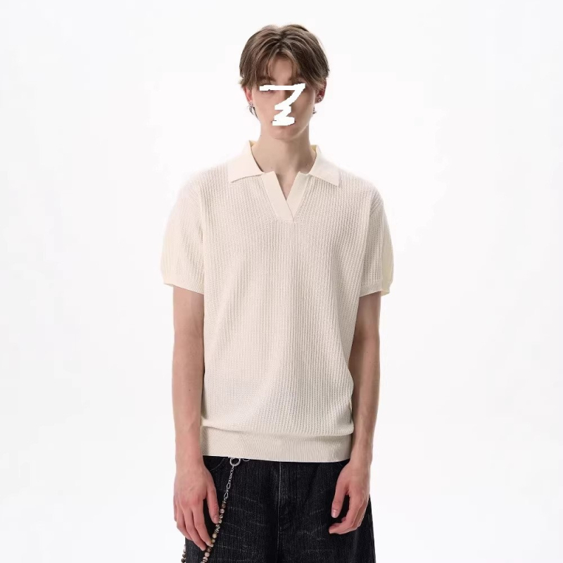 Férfiaknak kötött polo ing, Old Money stílus, nyári vékony fekete Ice Silk, V-nyakú, rövid ujjú