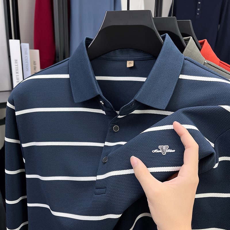 Muška prugasta polo majica s dugim rukavima, bez naboravanja, poslovno-ležerni stil, polo ovratnik