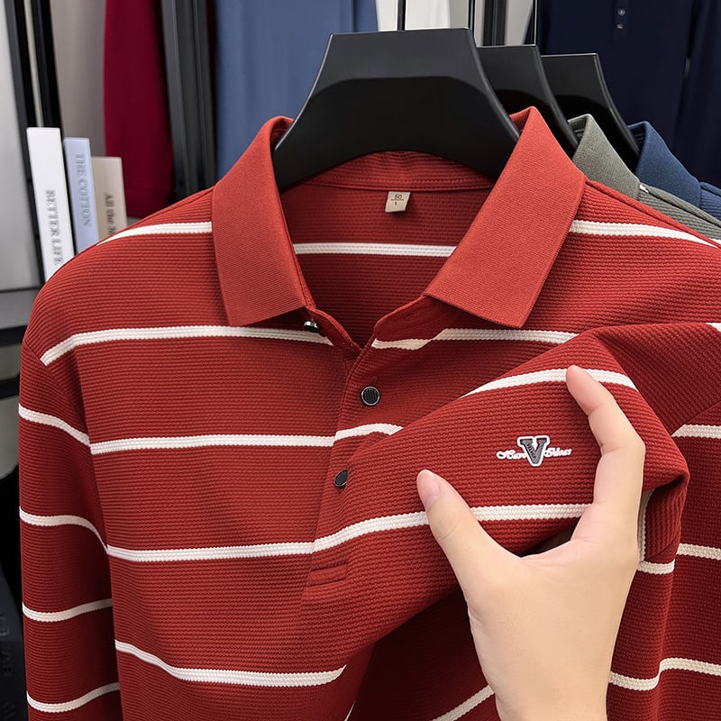 Muška prugasta polo majica s dugim rukavima, bez naboravanja, poslovno-ležerni stil, polo ovratnik