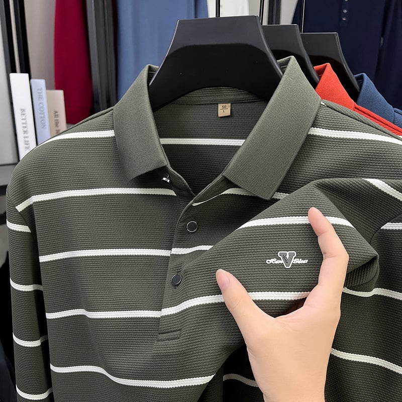 Muška prugasta polo majica s dugim rukavima, bez naboravanja, poslovno-ležerni stil, polo ovratnik