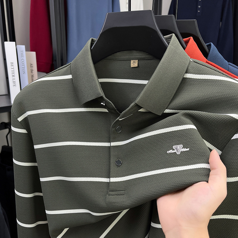 Muška prugasta polo majica s dugim rukavima, bez naboravanja, poslovno-ležerni stil, polo ovratnik