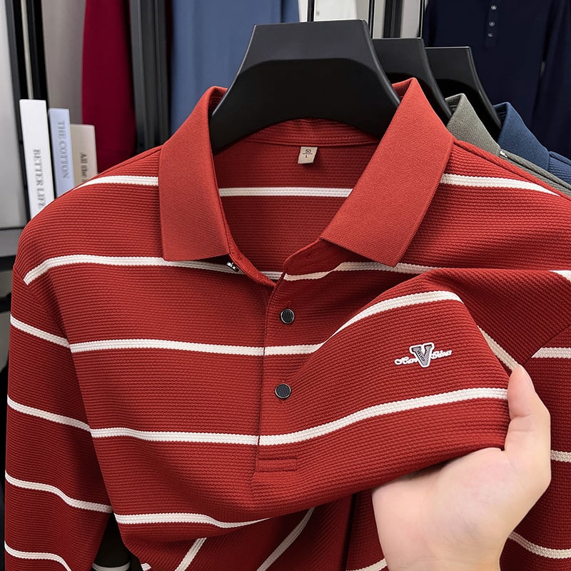 Muška prugasta polo majica s dugim rukavima, bez naboravanja, poslovno-ležerni stil, polo ovratnik