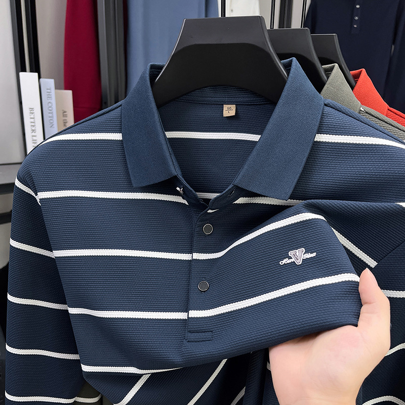 Muška prugasta polo majica s dugim rukavima, bez naboravanja, poslovno-ležerni stil, polo ovratnik