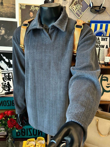 Férfi jacquard polo nyakú pulóver, laza szabás, hosszú ujjú, tavasz–ősz szezonra