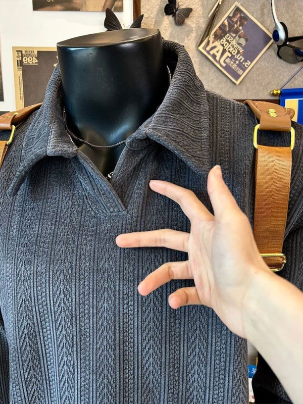 Férfi jacquard polo nyakú pulóver, laza szabás, hosszú ujjú, tavasz–ősz szezonra