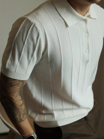 Jacquard kötött polo felső, rövid ujjú, férfiaknak, egyszínű, tavasz-nyár