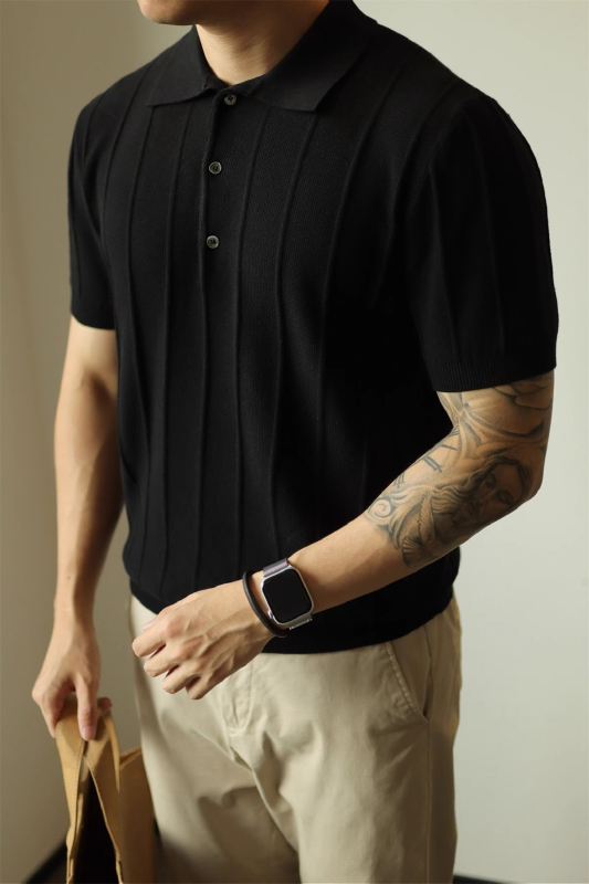 Jacquard kötött polo felső, rövid ujjú, férfiaknak, egyszínű, tavasz-nyár