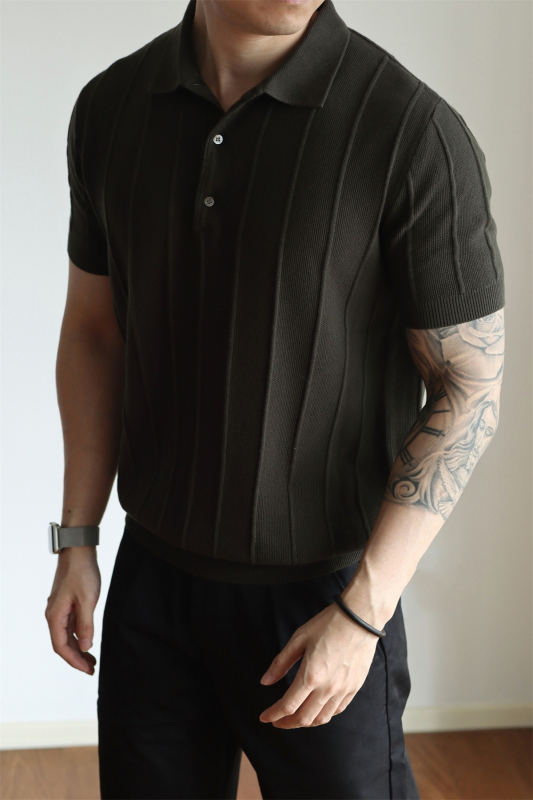 Jacquard kötött polo felső, rövid ujjú, férfiaknak, egyszínű, tavasz-nyár