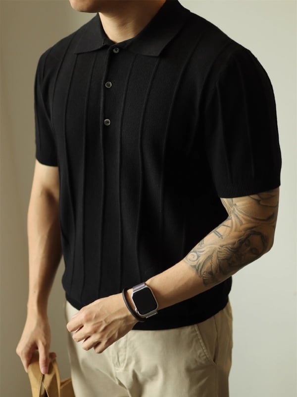 Jacquard kötött polo felső, rövid ujjú, férfiaknak, egyszínű, tavasz-nyár