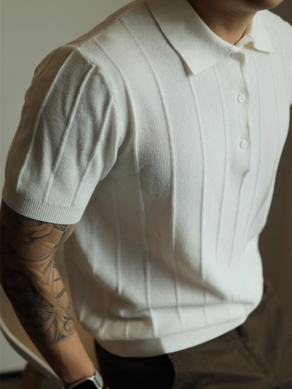 Jacquard kötött polo felső, rövid ujjú, férfiaknak, egyszínű, tavasz-nyár