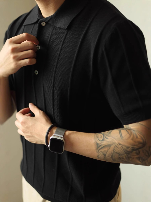 Jacquard kötött polo felső, rövid ujjú, férfiaknak, egyszínű, tavasz-nyár