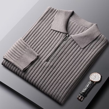 Férfi slim-fit kötött polo gallérrel, fél cipzárral, hosszú ujjú