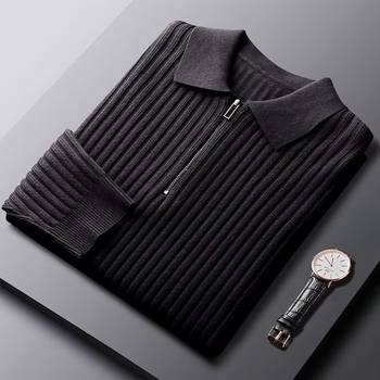 Férfi slim-fit kötött polo gallérrel, fél cipzárral, hosszú ujjú