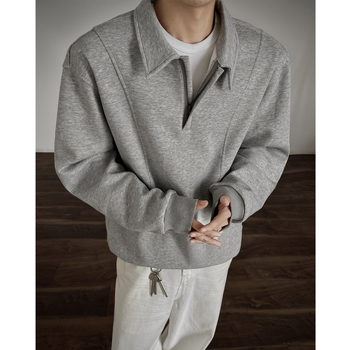 Férfi slim-fit kötött polo gallérrel, fél cipzárral, hosszú ujjú