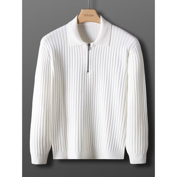 Férfi slim-fit kötött polo gallérrel, fél cipzárral, hosszú ujjú