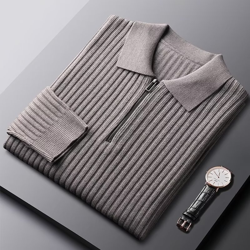 Férfi slim-fit kötött polo gallérrel, fél cipzárral, hosszú ujjú