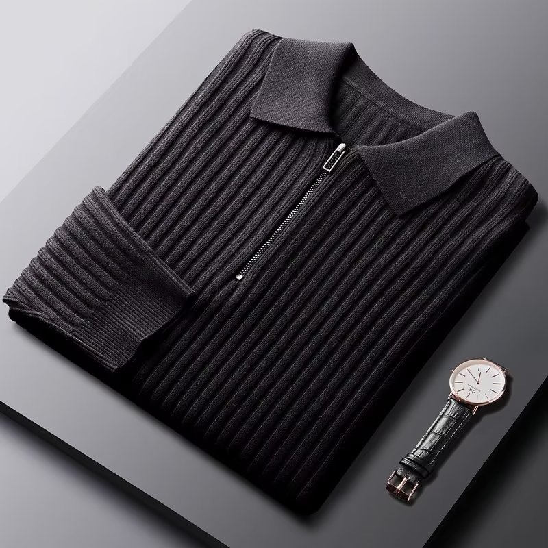 Férfi slim-fit kötött polo gallérrel, fél cipzárral, hosszú ujjú