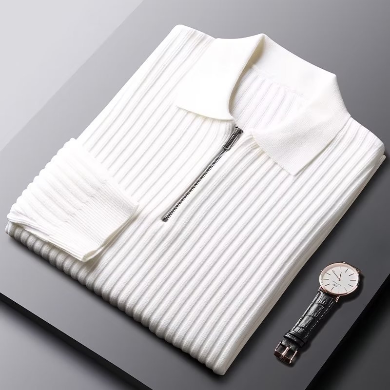 Férfi slim-fit kötött polo gallérrel, fél cipzárral, hosszú ujjú