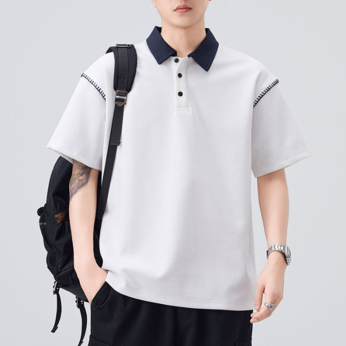 Danbani férfi polo rövid ujjú, lazított szabás, japán stílusú, egyszerű retro dizájn, nyári viselet, egyszínű