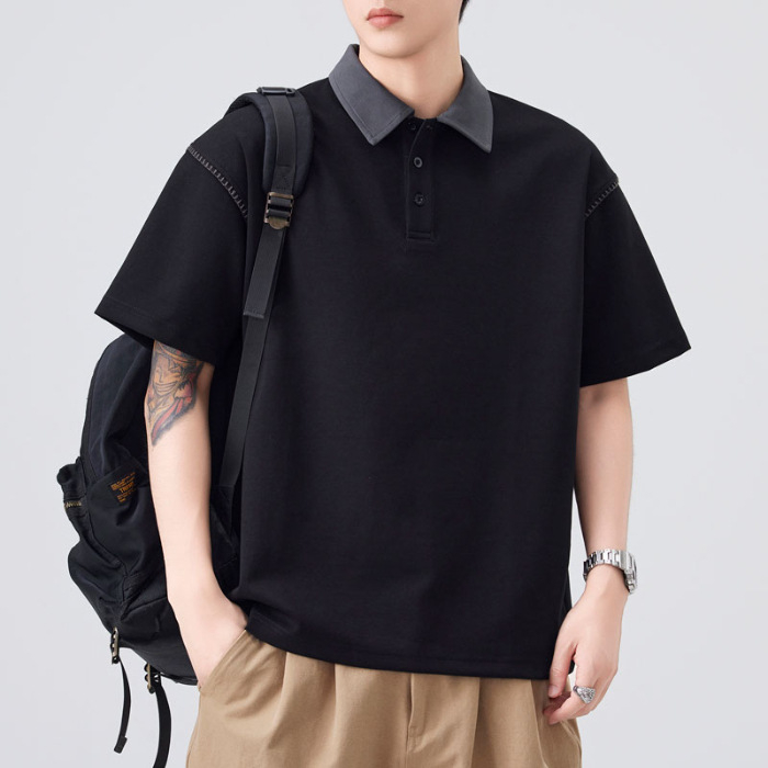 Danbani férfi polo rövid ujjú, lazított szabás, japán stílusú, egyszerű retro dizájn, nyári viselet, egyszínű