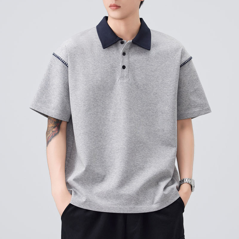 Danbani férfi polo rövid ujjú, lazított szabás, japán stílusú, egyszerű retro dizájn, nyári viselet, egyszínű
