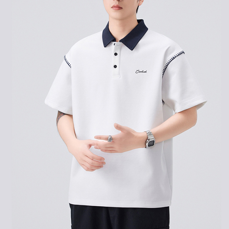 Danbani férfi polo rövid ujjú, lazított szabás, japán stílusú, egyszerű retro dizájn, nyári viselet, egyszínű