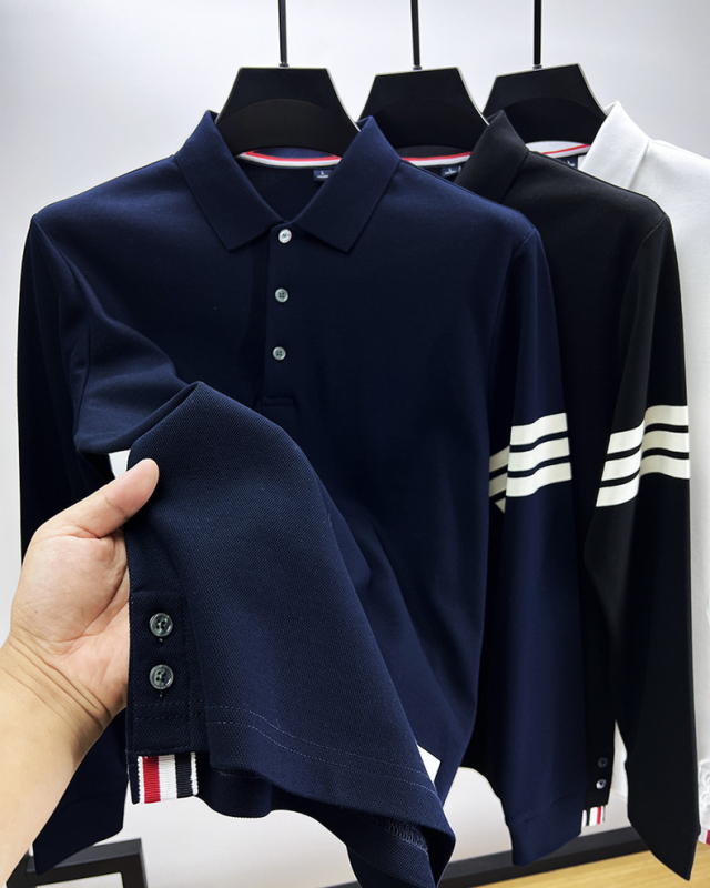 100% pamut hosszú ujjú polo ing férfiaknak, klasszikus gallérral, alsó szélén hasított, tavasz–ősz casual