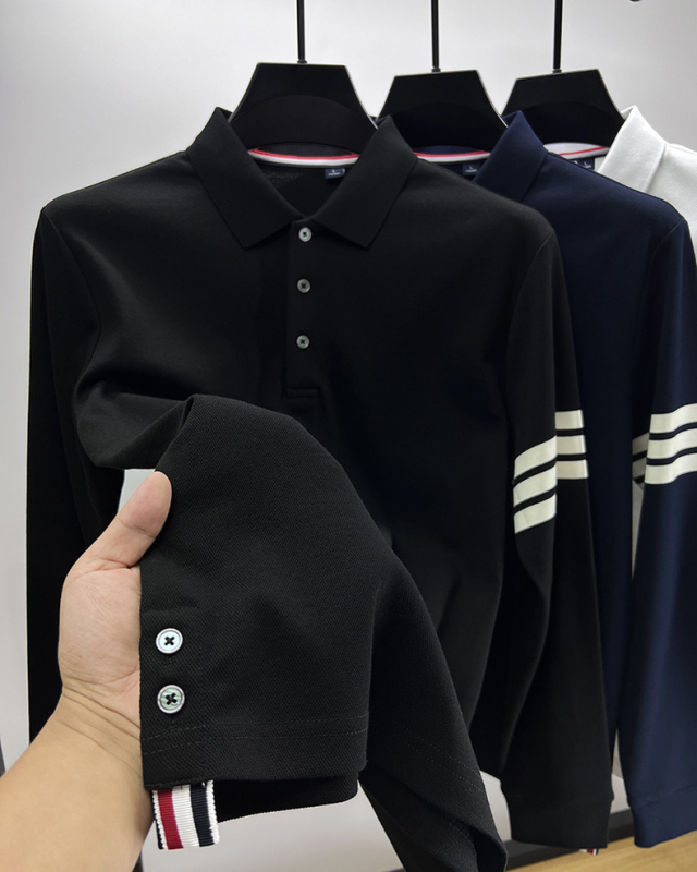 100% pamut hosszú ujjú polo ing férfiaknak, klasszikus gallérral, alsó szélén hasított, tavasz–ősz casual