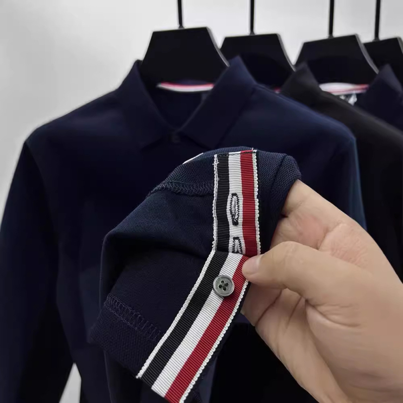 100% pamut hosszú ujjú polo ing férfiaknak, klasszikus gallérral, alsó szélén hasított, tavasz–ősz casual
