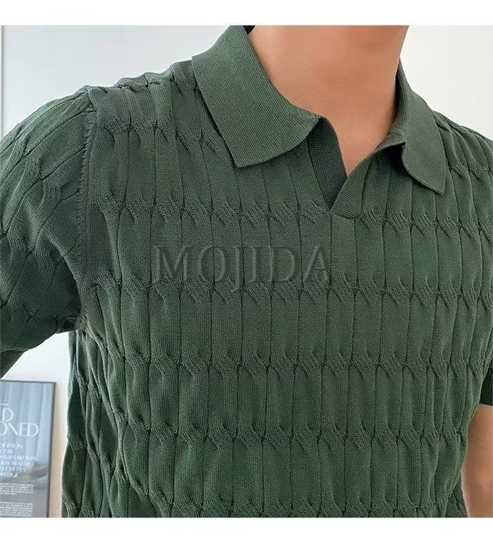 Férfi nyári rövid ujjú kötött polo, V-nyakú, csíkos, karcsú szabás, elasztikus