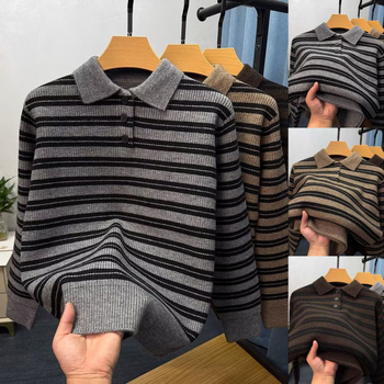 Férfi polo pulóver gallérral, kötött, retro csíkok Old Money stílusban, brit üzleti megjelenés téli szezonra.