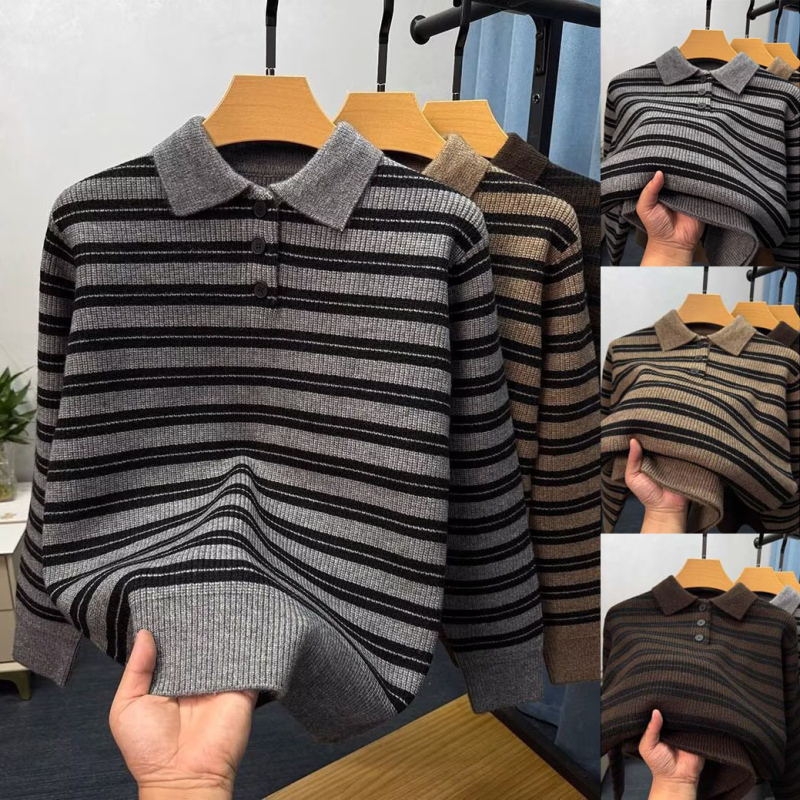 Férfi polo pulóver gallérral, kötött, retro csíkok Old Money stílusban, brit üzleti megjelenés téli szezonra.